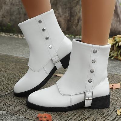 Fashion Fall New Block Heel Single Boots Women's Fashion Round Toe Sleeve Studded Metal Buckle Non-Slip Soft Sole Booties