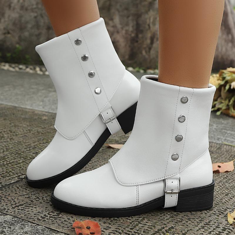 Fall New Block Heel Single Boots Women's Round Toe Sleeve Studded Metal Buckle Non-Slip Soft Sole Booties