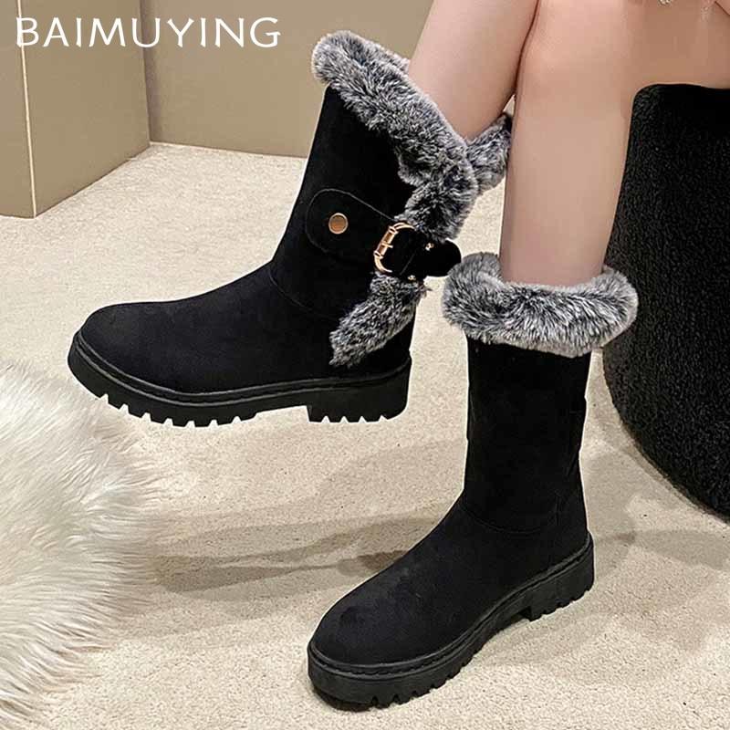 Fur Flats Suede Woman Mid Calf Boots Casual Warm Cozy Walking Shoes 2024 Winter Brand Fashion Short Plush Dress Mujer Zapatillas