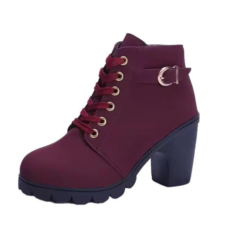 Autumn and Winter New High-heeled Women's Boots Cross-strap Short Boots Belt Buckle Thick-heeled Martin Boots Leather Boots Women Shoes
