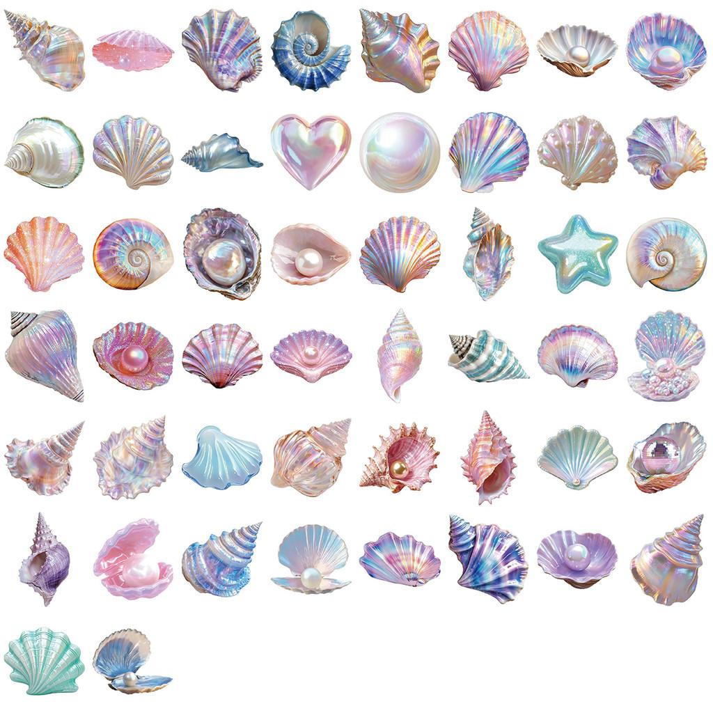 

50-Piece Transparent Cartoon Watercolor Shell Sticker Pack - Waterproof Clear PET Decor for Hand Accounts, Guitars & Notebooks