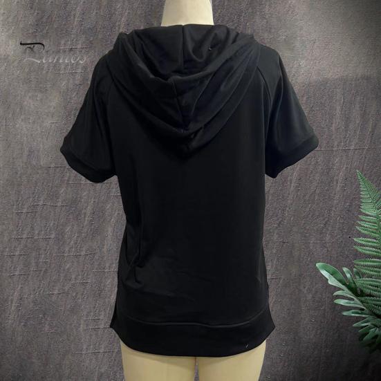 Summer Women Hoodie Half Zipper Short Sleeves Solid Color Pullover Loose with Pocket Casual Daily Wear School Sport Pullover Top Female Clothes