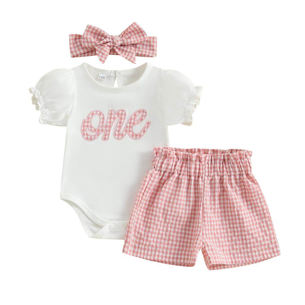 Baby Girls 1st Birthday Outfits Letter Short Puff Sleeve Romper with Plaid Print Shorts and Headband