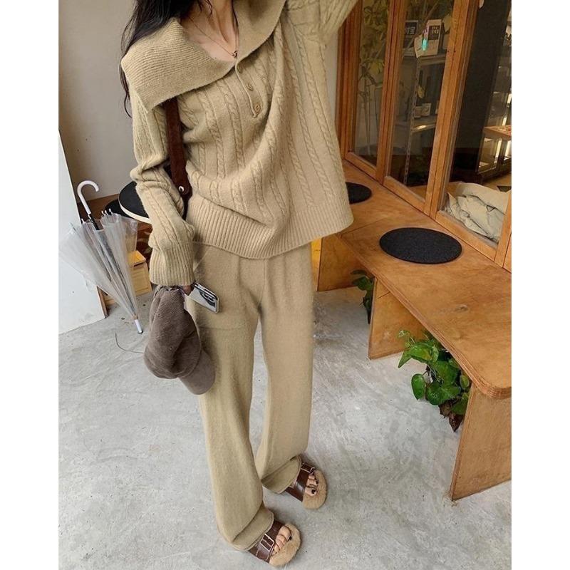 Lapel twist sweater women's two-piece set autumn and winter lazy casual new wide-leg pants knitted sweater set