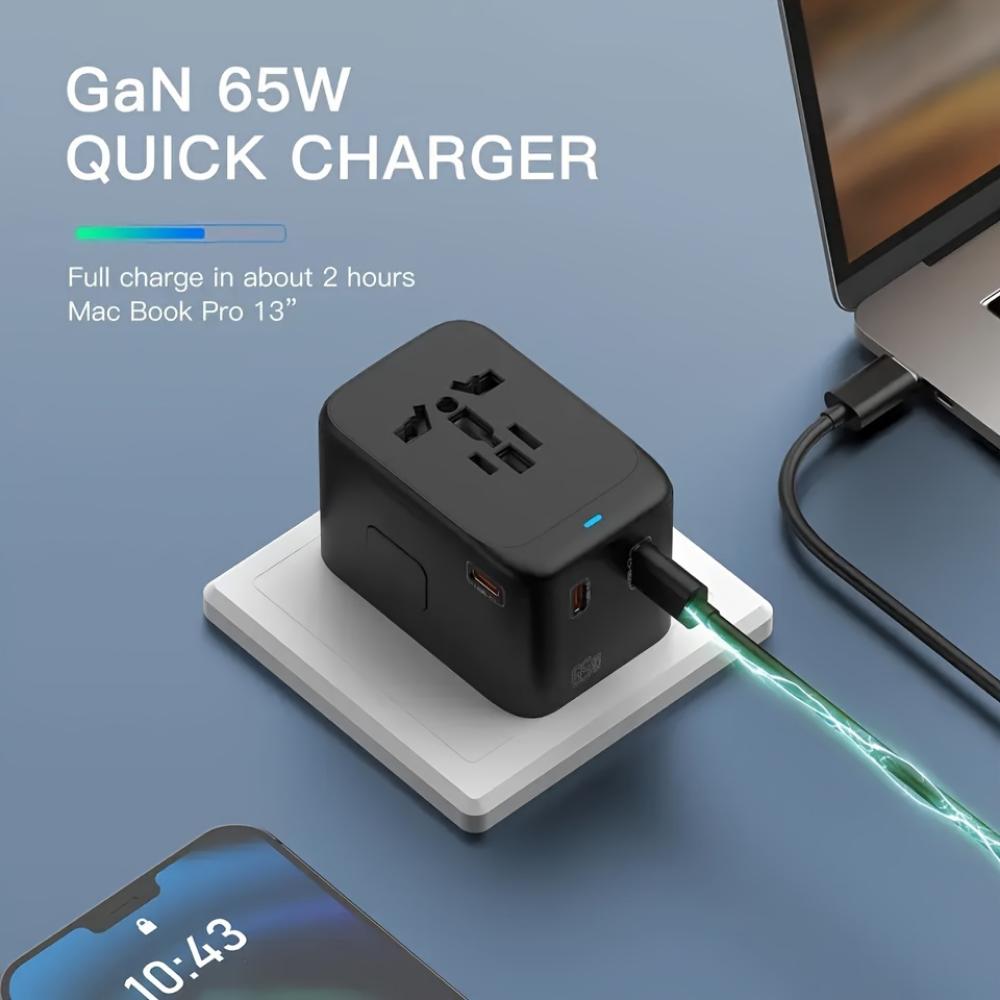 Travel Adapter, 65W Universal Travel Charger for iPhone, Laptop, Type A/C/G/I (US/UK/European Union/Australia)