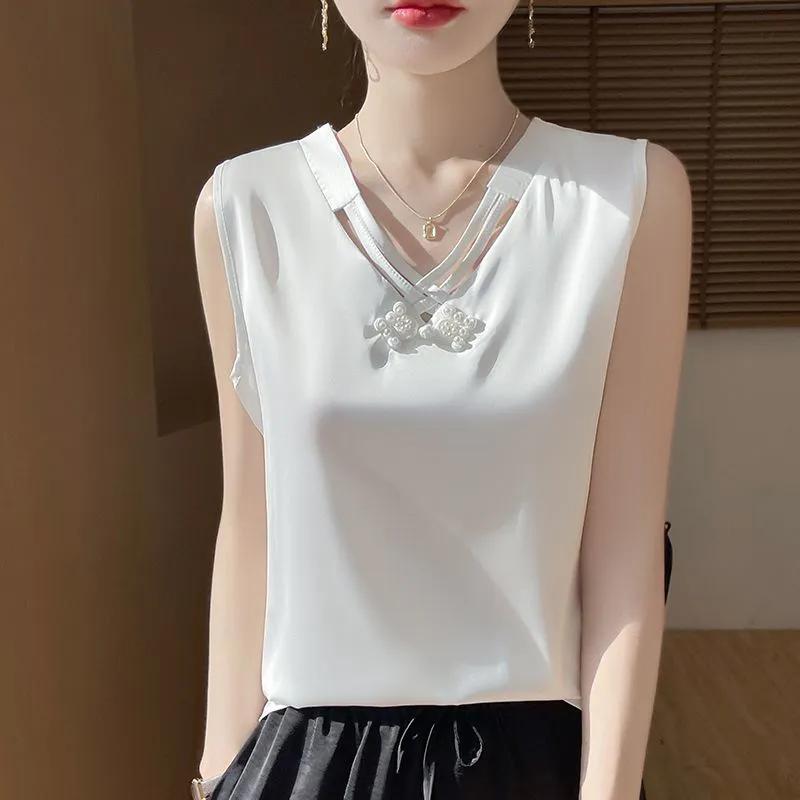 Women s White Satin Chinese Style Frog Button V Neck Sleeveless Tank Top M белый