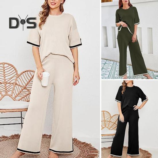 

Женский повседневный трикотажный комплект из 2 предметов: футболка с круглым вырезом и короткими рукавами, эластичная резинка с высокой талией, прямые широкие длинные брюки, комплект для отдыха XL чёрный