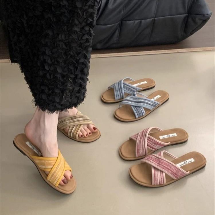 Bohemian Flat-bottomed Woven Cross-strapped Slippers for Women's Summer Wear 2025 New Design Niche Cool Slippers for Women