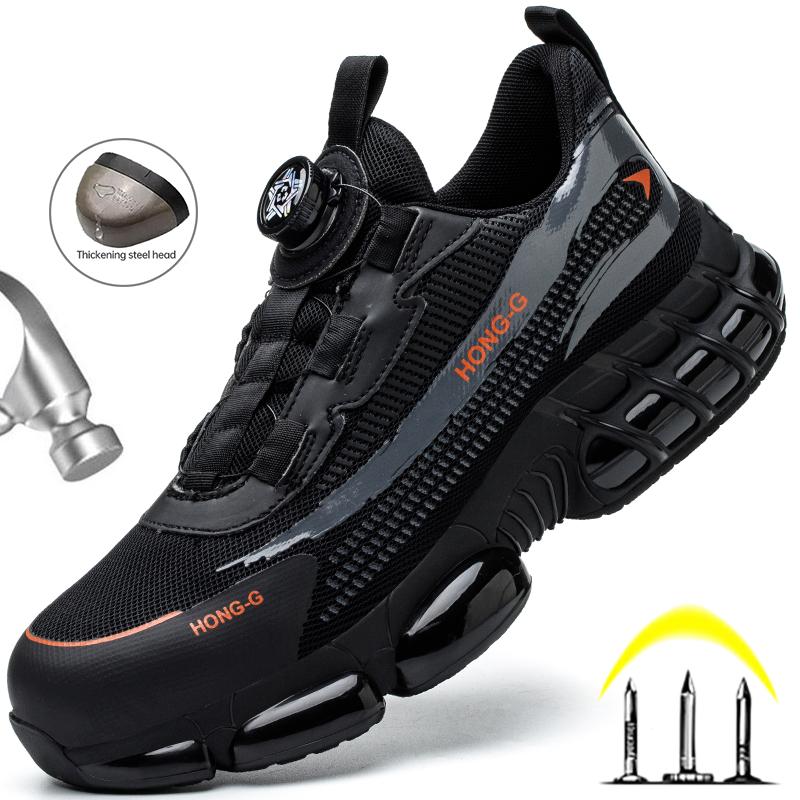 Scarpe da lavoro con bottoni rotanti da uomo, scarpe con punta in acciaio, stivali di sicurezza, scarpe da lavoro antiforatura, scarpe protettive alla moda indistruttibili