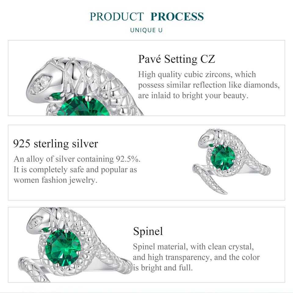 Bamoer 925 Sterling Silver Green Spinel otevírací prsten Vivid Snake Nastavitelný prsten pro ženy Jemné šperky z kubických zirkonů