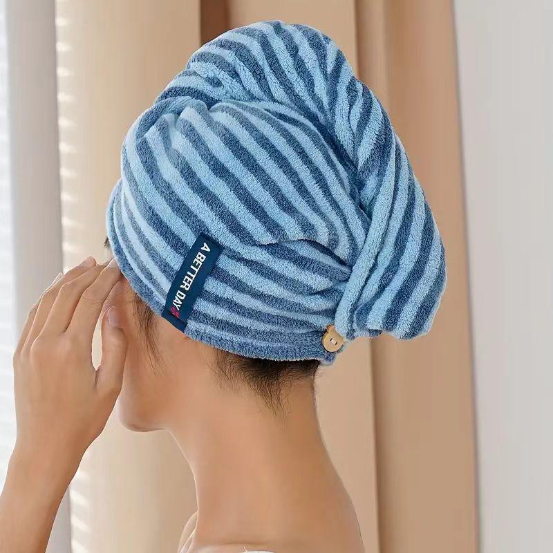 

Quick-Dry Striped Coral Fleece Hair Cap - Breathable, Absorbent, Cute Microfiber Shower Towel Green Wide Stripes