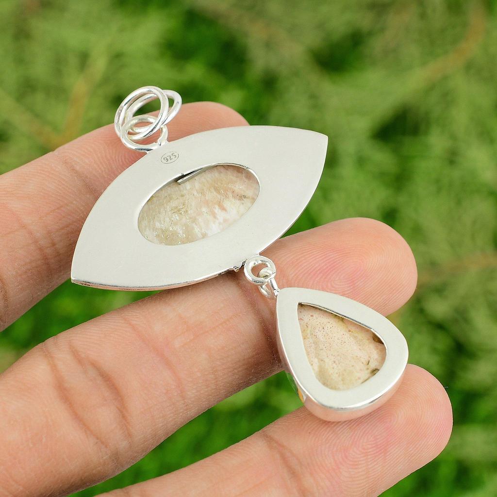 925 Sterling Silver Oval Scolecite Gemstone Anniversary Bezel Ethnic New Pendant