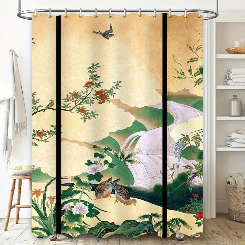 Asian-Themed Bathroom Curtains Featuring A Beautiful Nature Scene With Birds And Flowers Ideal For Creating An Elegant Spa-Like
