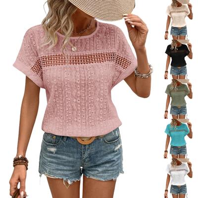 Women's Fashion Casual Spring/Summer Lace Cutout Round Neck Batsleeve T-shirt