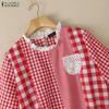 ZANZEA Women Plaid Print Casual Round Neck Loose Short Sleeve Blouse