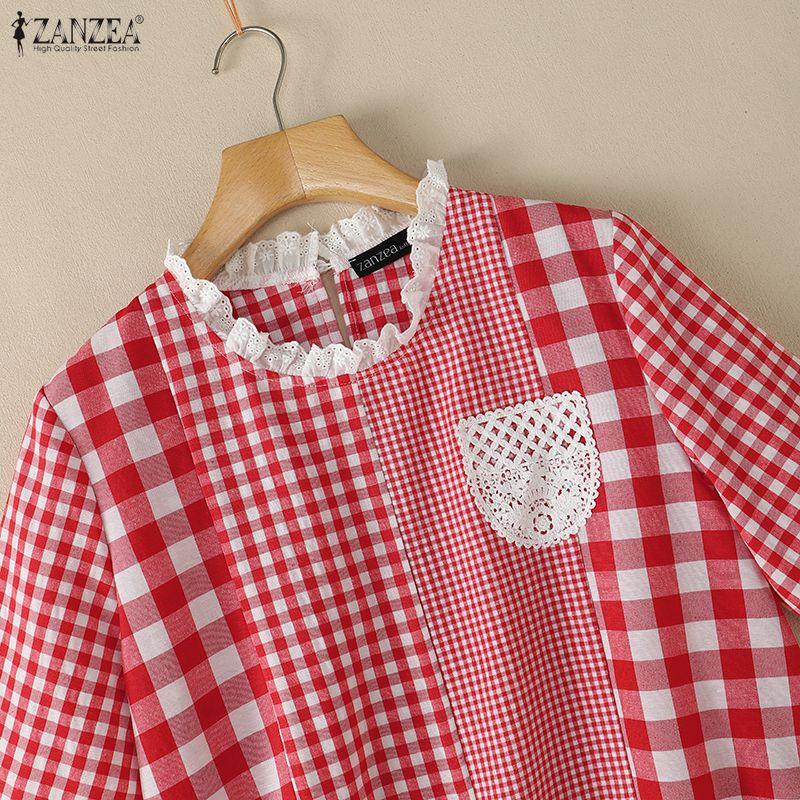 ZANZEA Women Plaid Print Casual Round Neck Loose Short Sleeve Blouse
