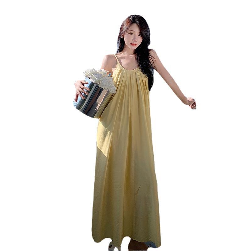 French Yellow Suspender Dress Loose Lazy Year Summer New Halter Sexy Light Yellow Dress