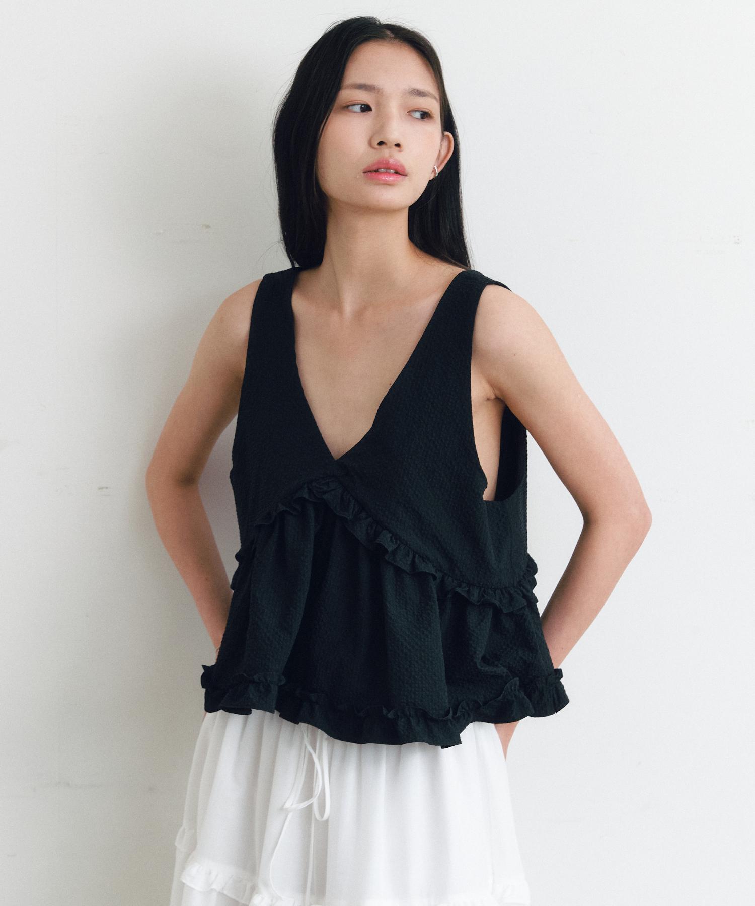 Ceme V-Neck Frill Sleeveless Blouse(Bk) Black/Free