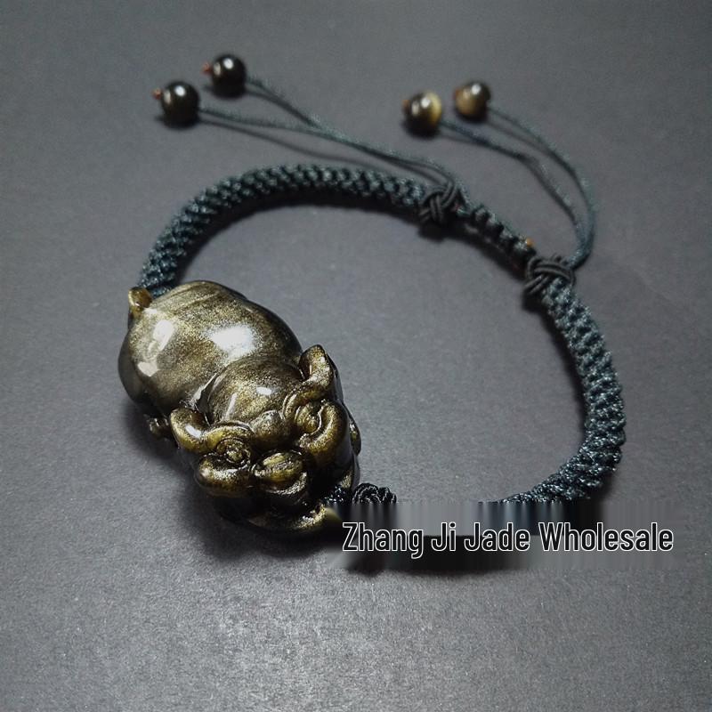 Red String Bracelet with Golden Obsidian Pig Charm - Rainbow Eye Zodiac Theme
