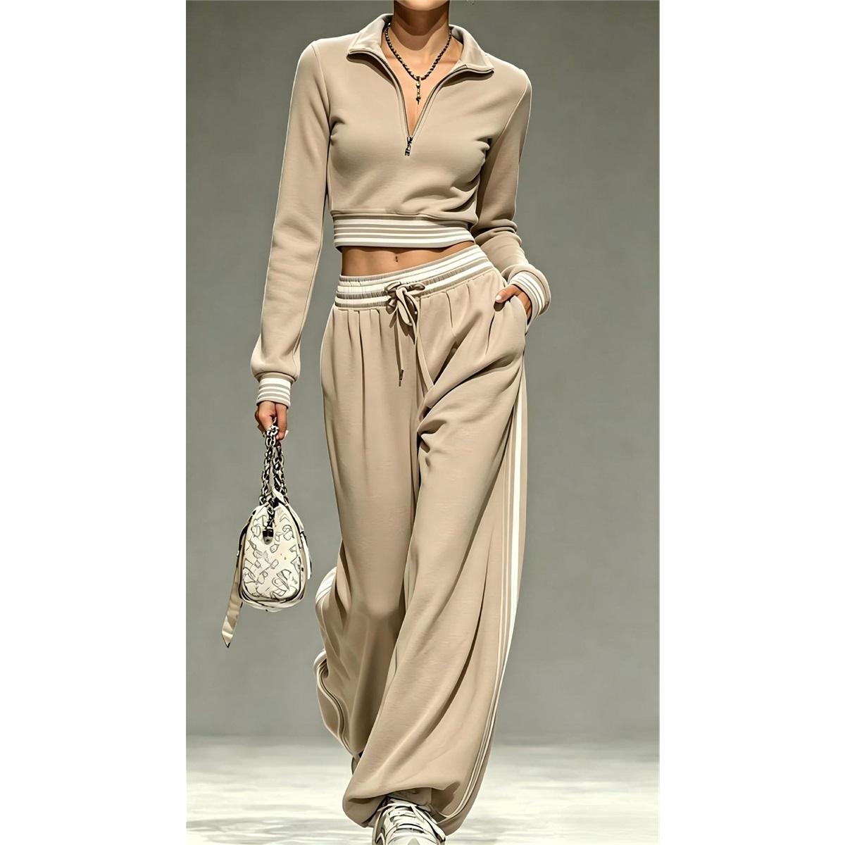 Damen Zweiteiliger Trainingsanzug Revers Halber Reißverschluss Crop Top Gestreifter Bund Weite Hosen Set Lässiges Sportliches Damen Zweiteiliges Outfit XXXL khaki