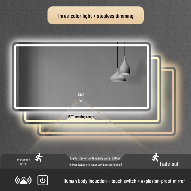 European-Style LED Square Bathroom Mirror with Touchscreen, Anti-Fog, Bluetooth, and Induction Features