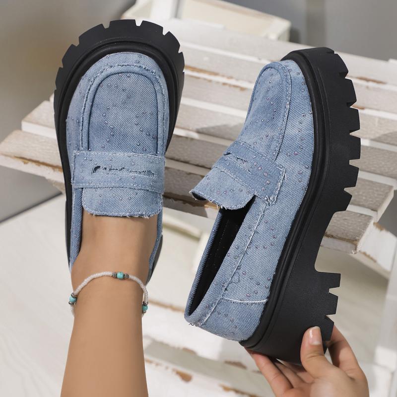 Rimocy 2025 New Women Chunky Heels Loafers Fashion Crystal Slip On Platform Shoes Woman Gothic Thick Bottom Shallow Denim Pumps