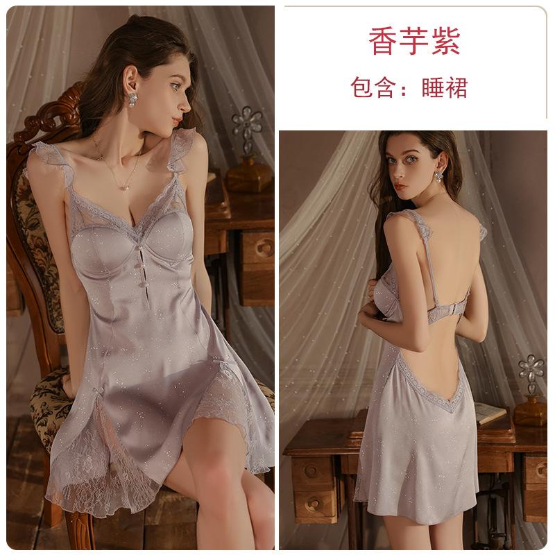 Silky fine flash satin deep V plus chest pad pure desire backless suspender nightdress robe loungewear set