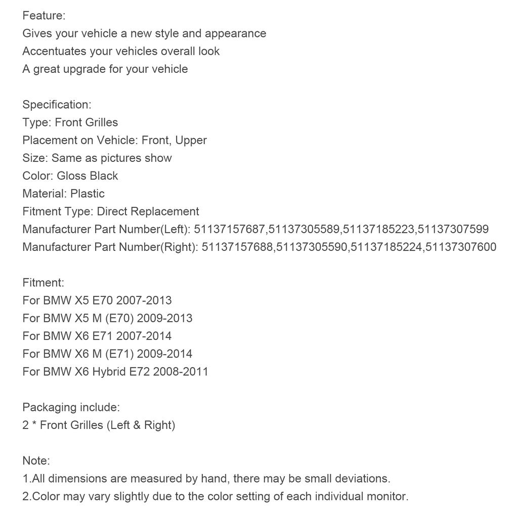 Přední nárazník Ledvinky Mřížka Maska Vhodné pro BMW X5 E70 X6 E71 2007-2013 Lesklá černá