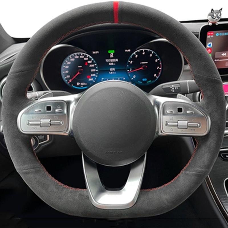 Anti-Slip Black Suede Braid Car Steering Wheel Cover For Mercedes-Benz S-Class W222 GLC A-Class W177 C-Class W205 E-Class W213