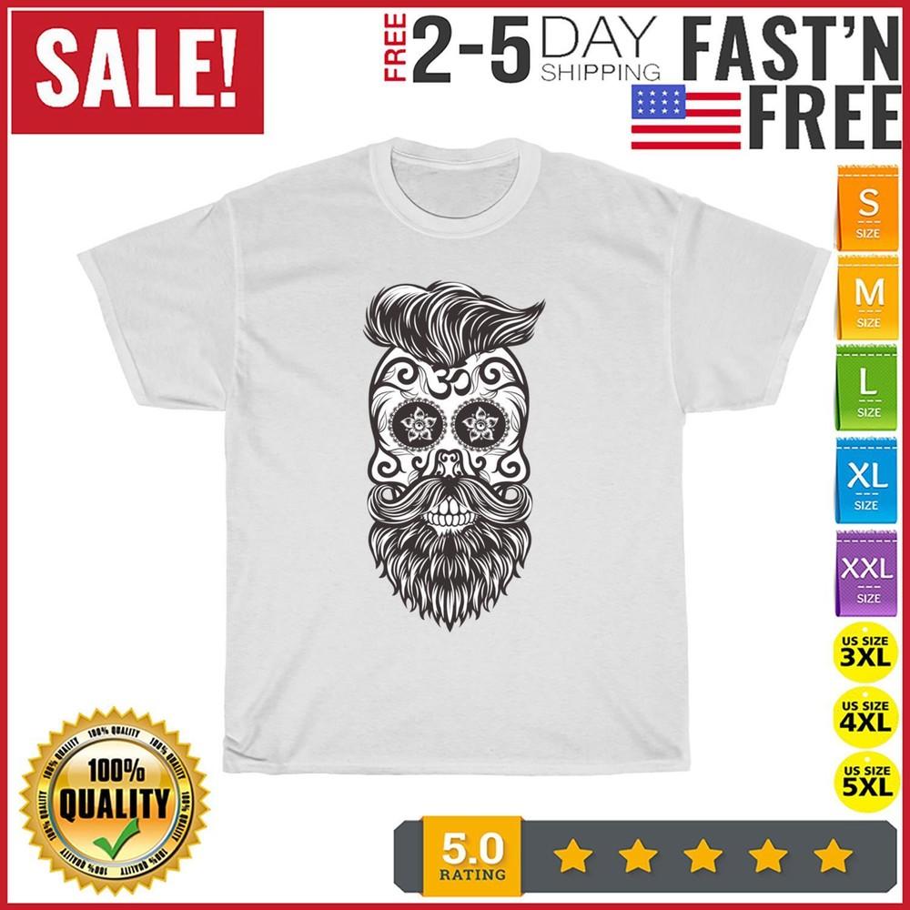

Hipster Calavera Sugar Skull Black And White Beard Hair T Shirt Men Women New 3XL