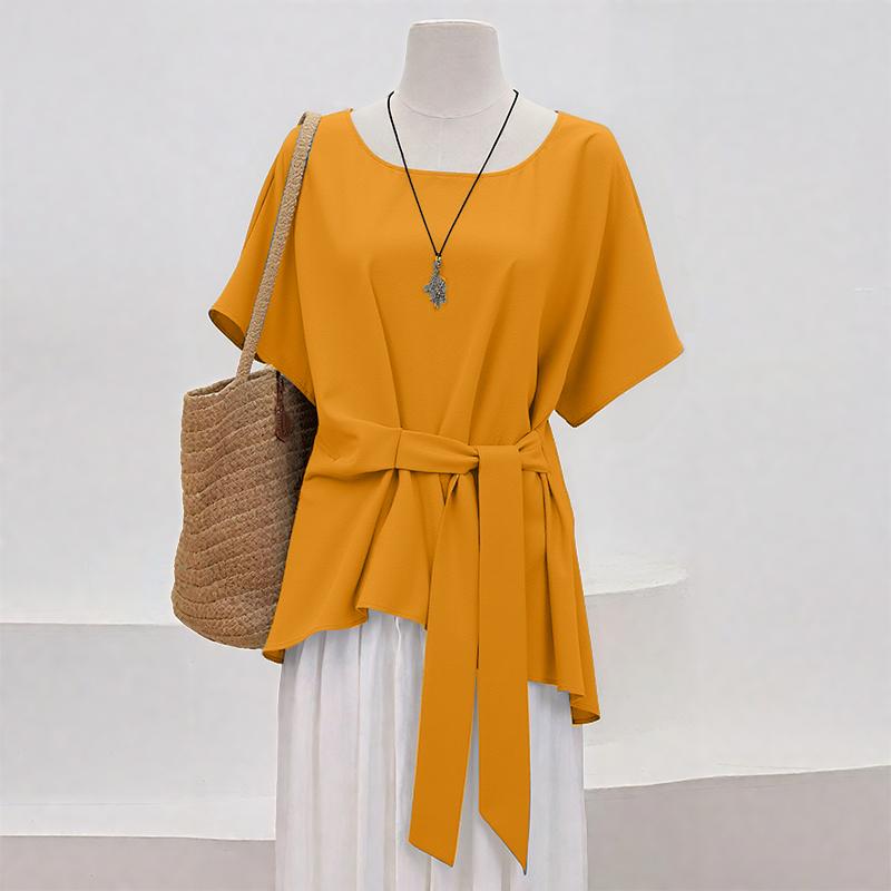 

ZANZEA Женская повседневная блузка с круглым вырезом, свободного кроя, однотонная, с коротким рукавом 4XL оранжевый