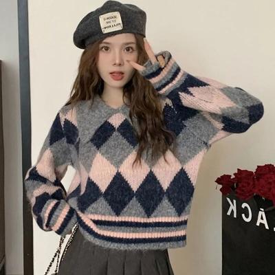 Sweter damski z retro klapą, rombowy kontrastowy design, luźny, damski pulower, jesienno-zimowy, uroczy, z krótkim/długim rękawem, dzianinowy