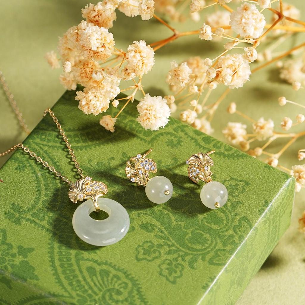 Teqia Women's S925 Sterling Silver Ginkgo Leaf Necklace with Hetian Jade Pendant