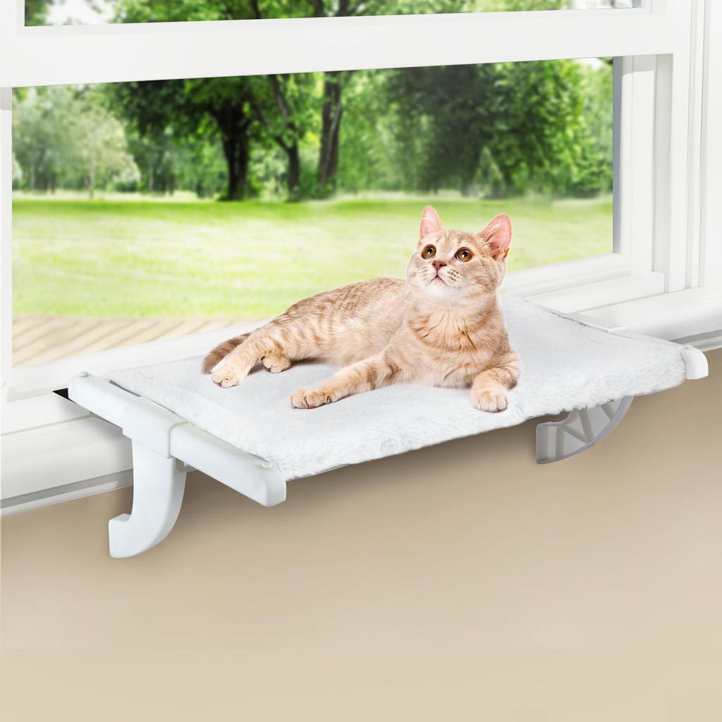 Window Sill Mount Cat Perch for Indoor Cats, One-Step Sliding Clamping Slot Adjustment Cat Hammock with Washable Cover, No Suction Cups Pet Bed for