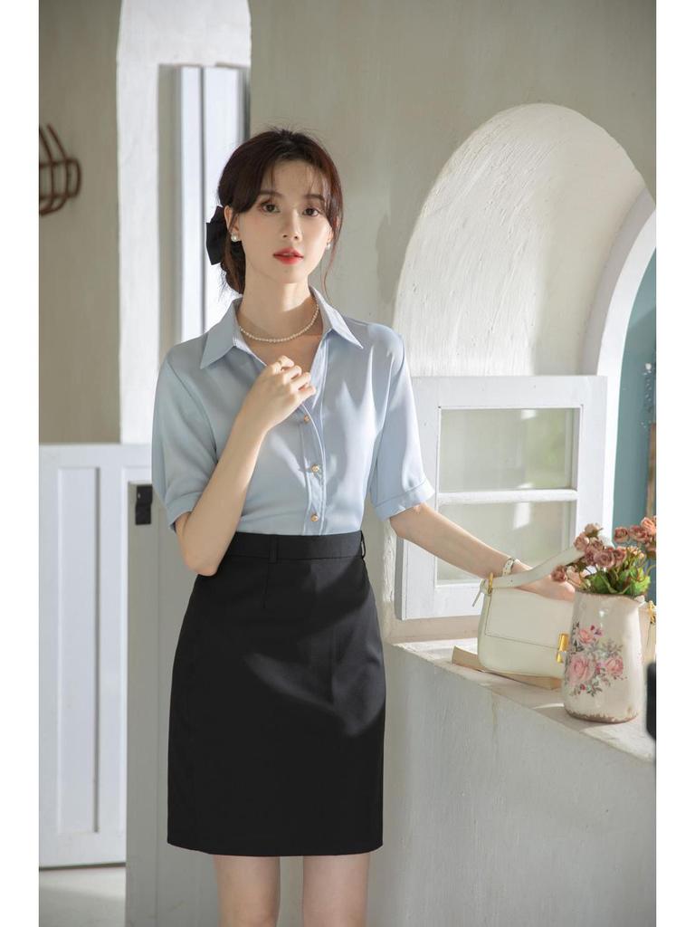 Women's Blue V-Neck Short Sleeve Professional Shirt for Interviews and Workwear