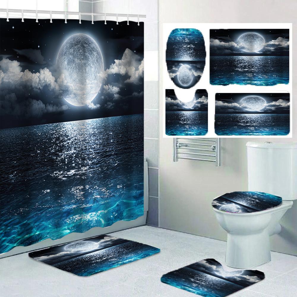 1/4 set sea surface shower Curtains, Toilet Seat Decoration, Shower Curtain with Carpet and Toilet Lid, 12 70.8x70.8 inch Hooks