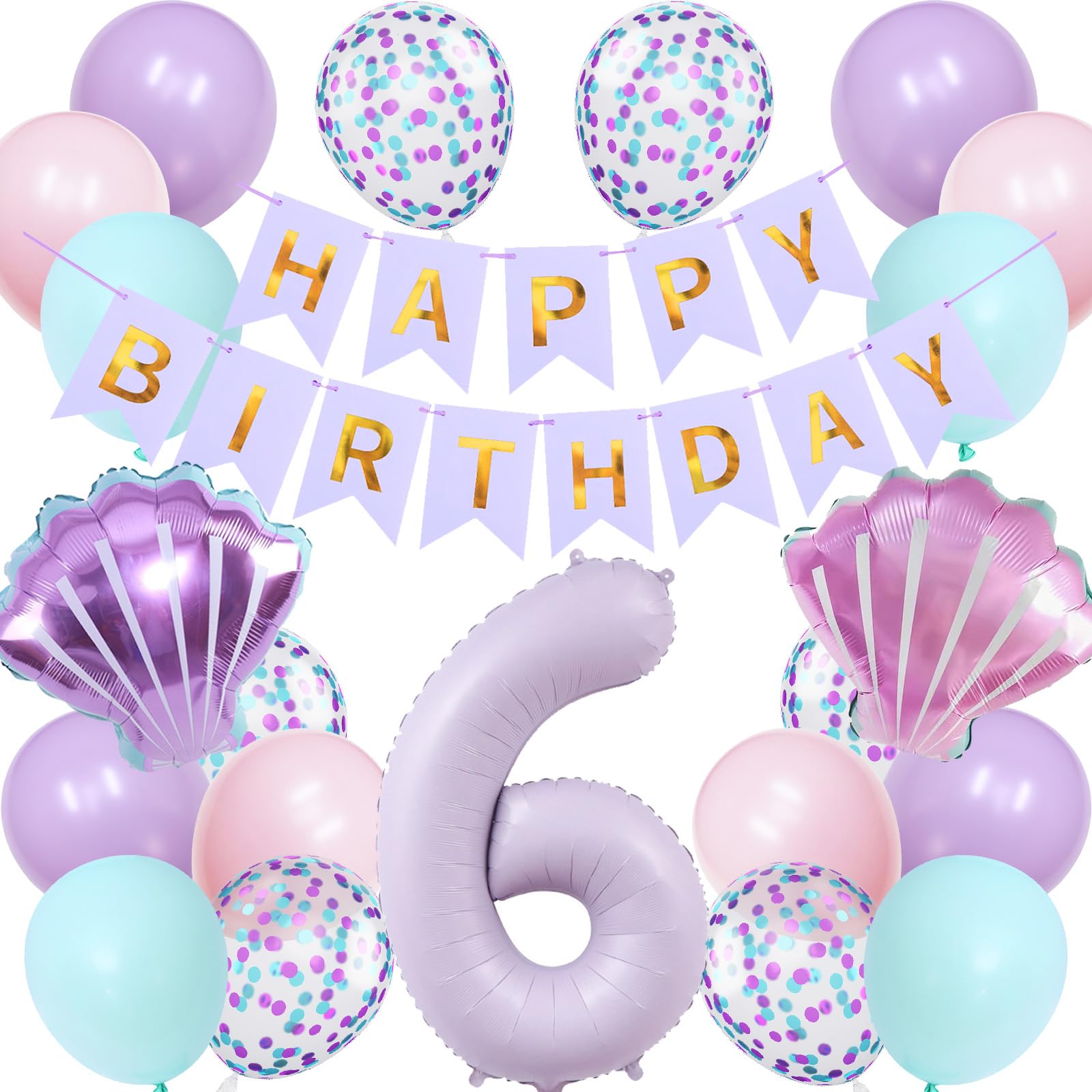 

Lausatek Balloon Birthday Set for 6 Years Old Happy Birthday Garland Balloon Decorations Shell Number 6 Party Supplies for Kids Boys Girls Purple