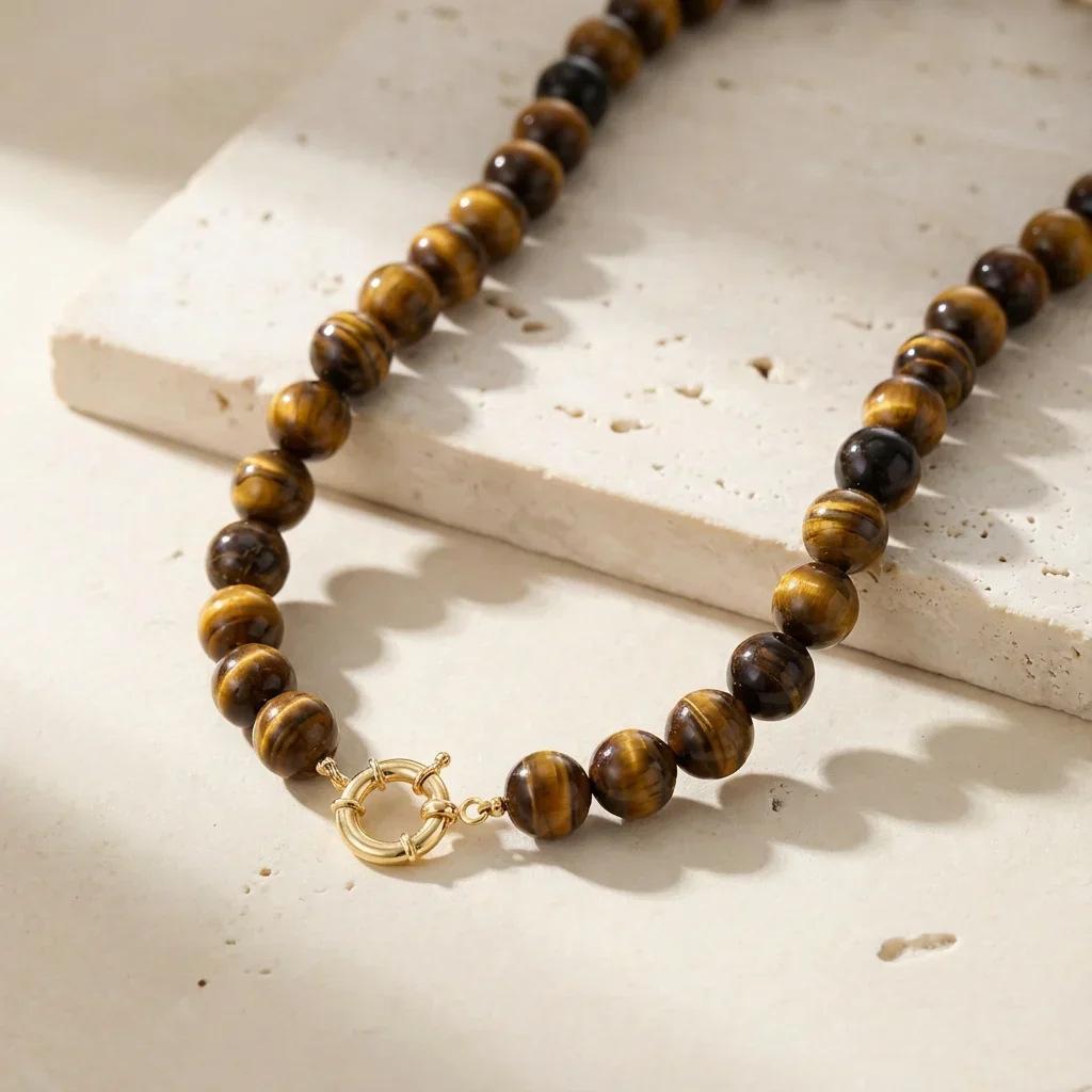 New European and American style Shoushan stone natural stone beaded necklace, vintage tiger's eye stone necklace, bohemian-style clavicle chain for