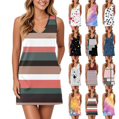 Vestido de verano para mujer con cuello en V sin mangas casual con estampado geométrico y bolsillos