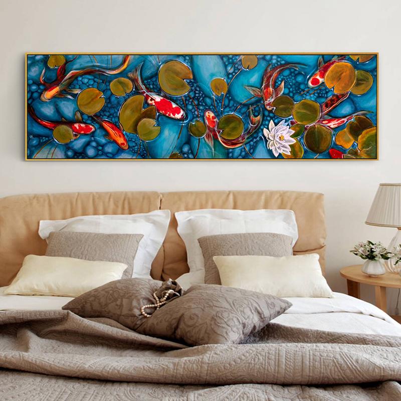 New Chinese Style Goldfish In the Lake Oil Painting Printed On Canvas Feng Shui Koi Lotus Posters for Living Room Decoration