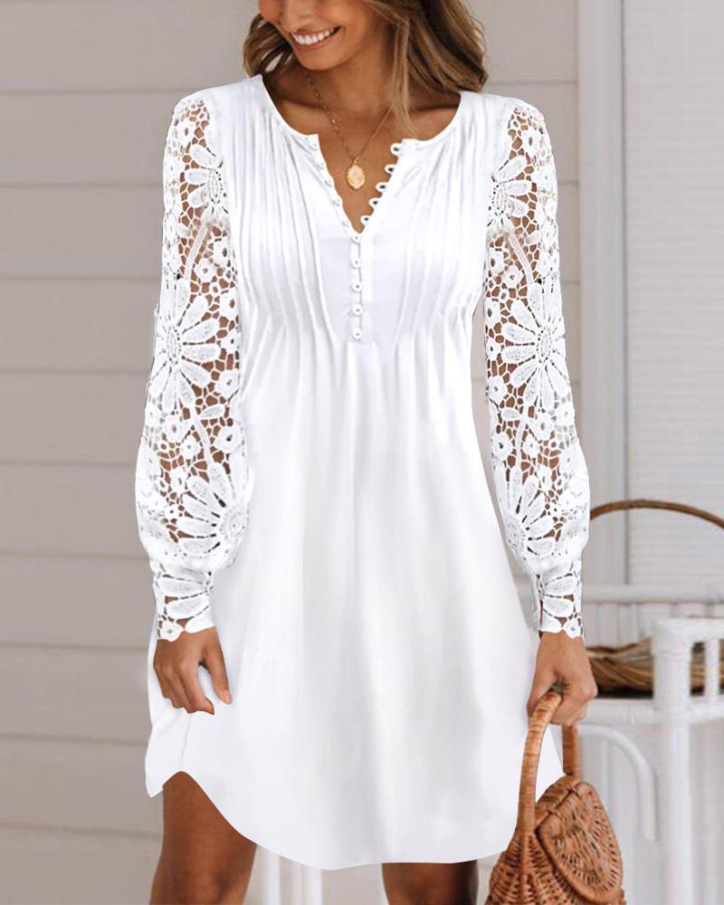 Women's Shirt Dress V Neck Hollow Long Sleeve Midi Dress Loose Solid Color Dress