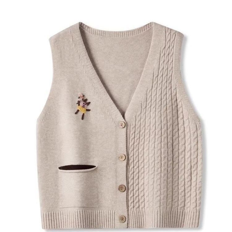 Vintage Fried Dough Twists V-neck Knitted Vest for Women Spring Autumn Hand Embroidered Vest