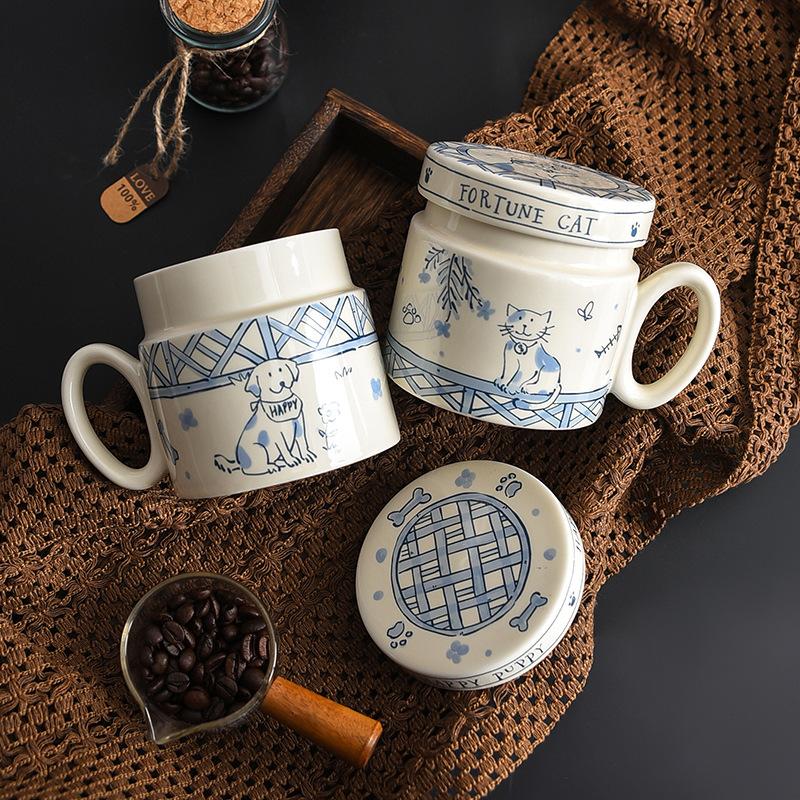 Creative Cute Kitten Puppy with Lid Mug Ceramic Water Cup Male and Female Couple Cartoon Cup Household High Temperature Resistance