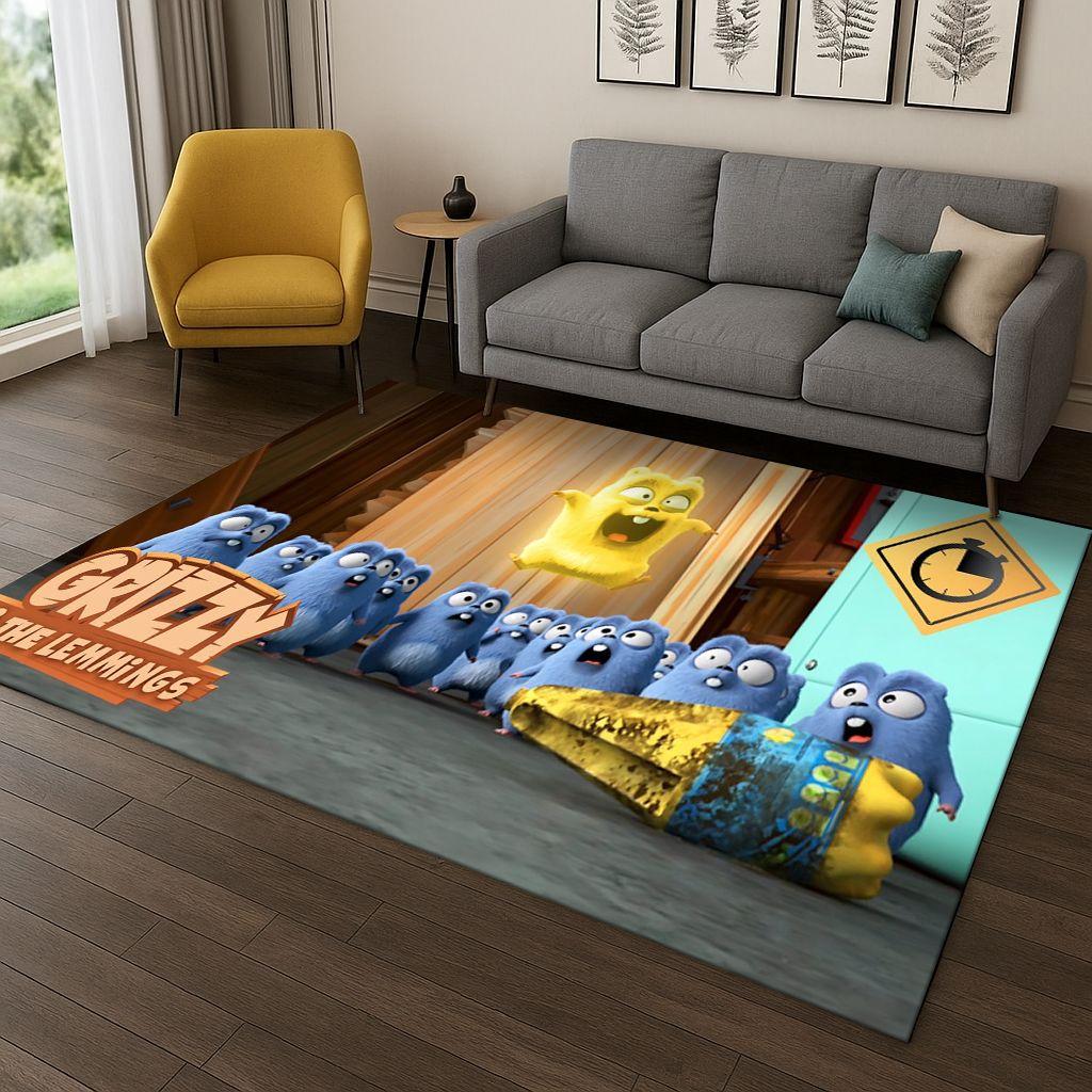 Tappeto Cartoon 3D Grizzy e i Lemming per Camera da Letto Soggiorno Divano Decorazione Casa, Tappeto Area Giochi Bambini Tappetino Antiscivolo Regalo