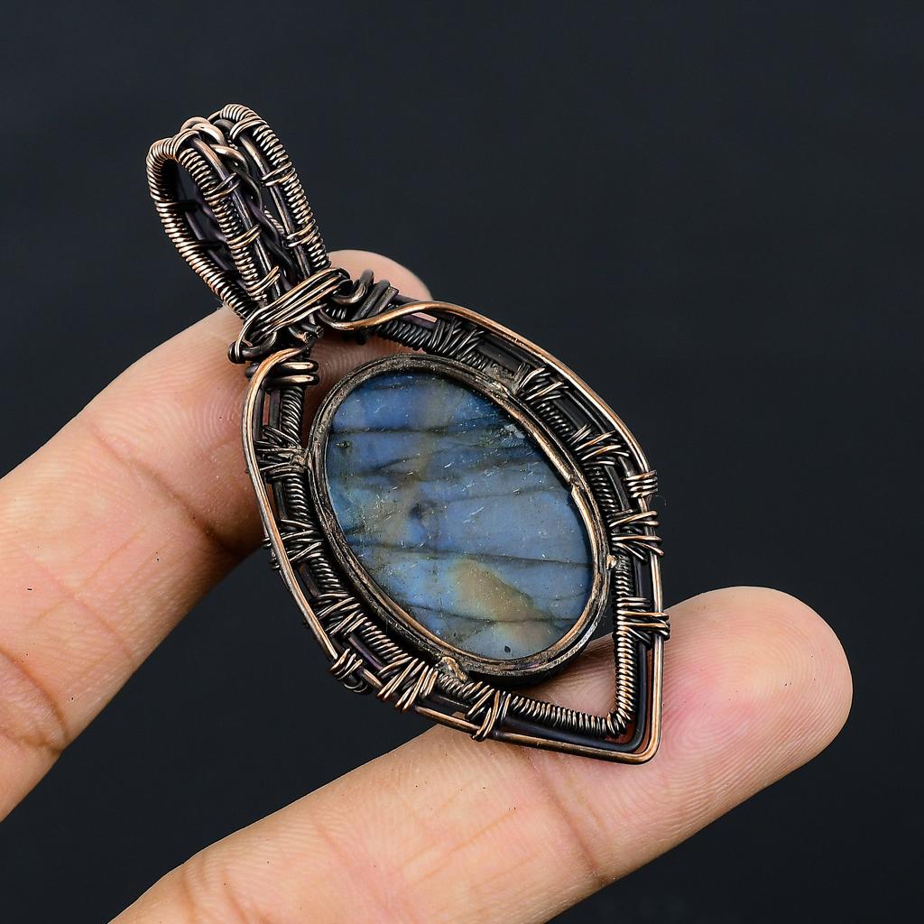 Natural Labradorite Gemstone Handmade Copper Wire Wrap Pendant 2.68" m2C04