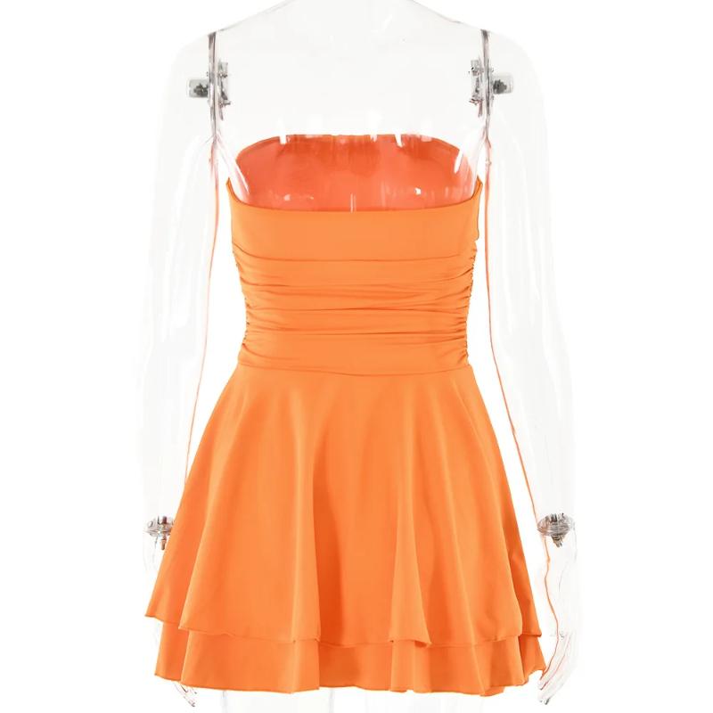 

Європейські та американські літні жіночі модні та сексуальні тонкі плаття з високою талією однотонне плісироване плаття без бретелей S помаранчевий