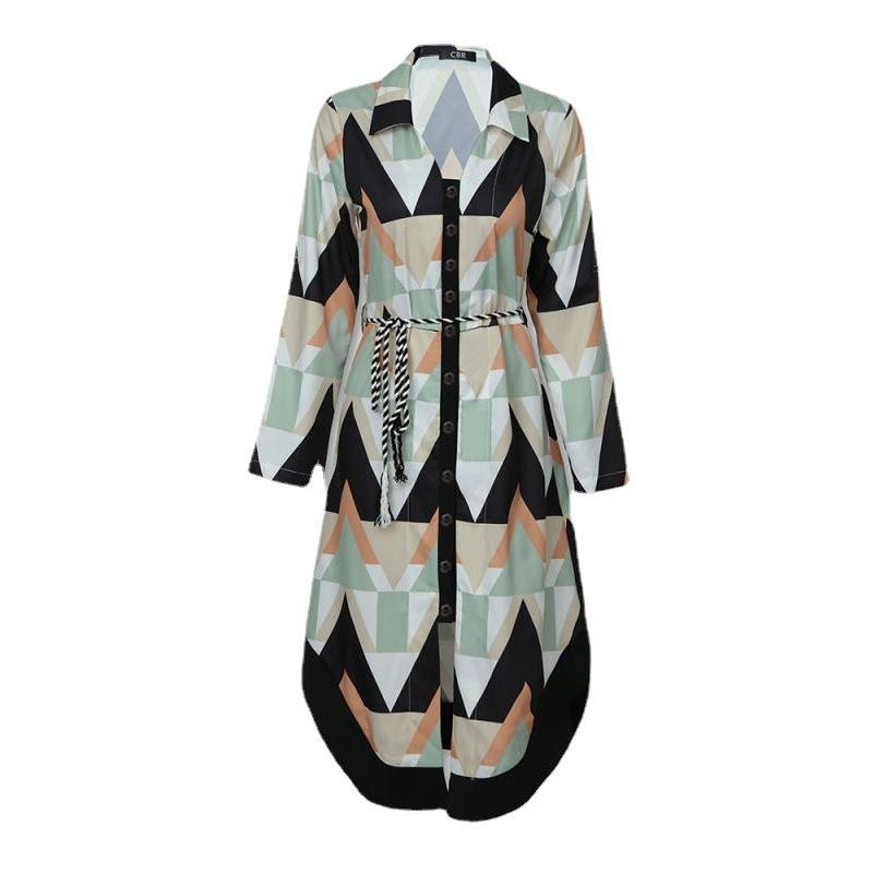 Multi-color Waist Tie Dress European and American Style Slimming Mid-Length Printed Dress Multiple patterns available