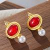 Retro Light Luxury Red Elegant Fashionable Zircon Earrings for Women Geometric Patterns Sweet Temperament Versatile Party Gift