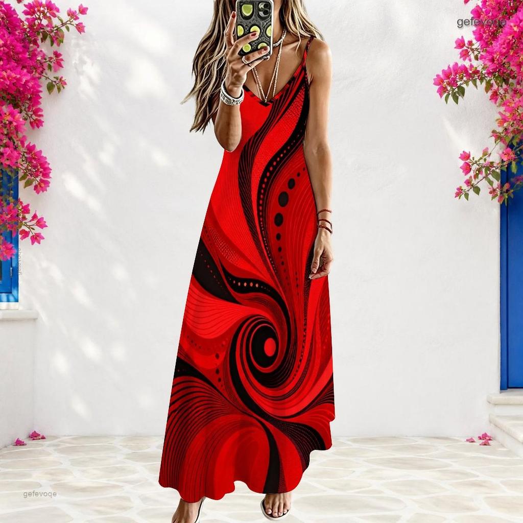Women Plus Size Off Shoulder V Neck Spaghetti Strap Sleeveless Colorful Swirl Print A Line Long Dress