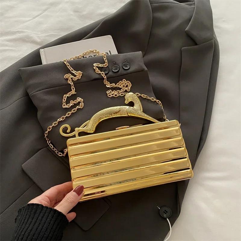 Luxury Gold Women Party Evening Bag for Women Metal Handle Clutch Handbag Purse Chain Shoulder Crossbody Mini Box Bags